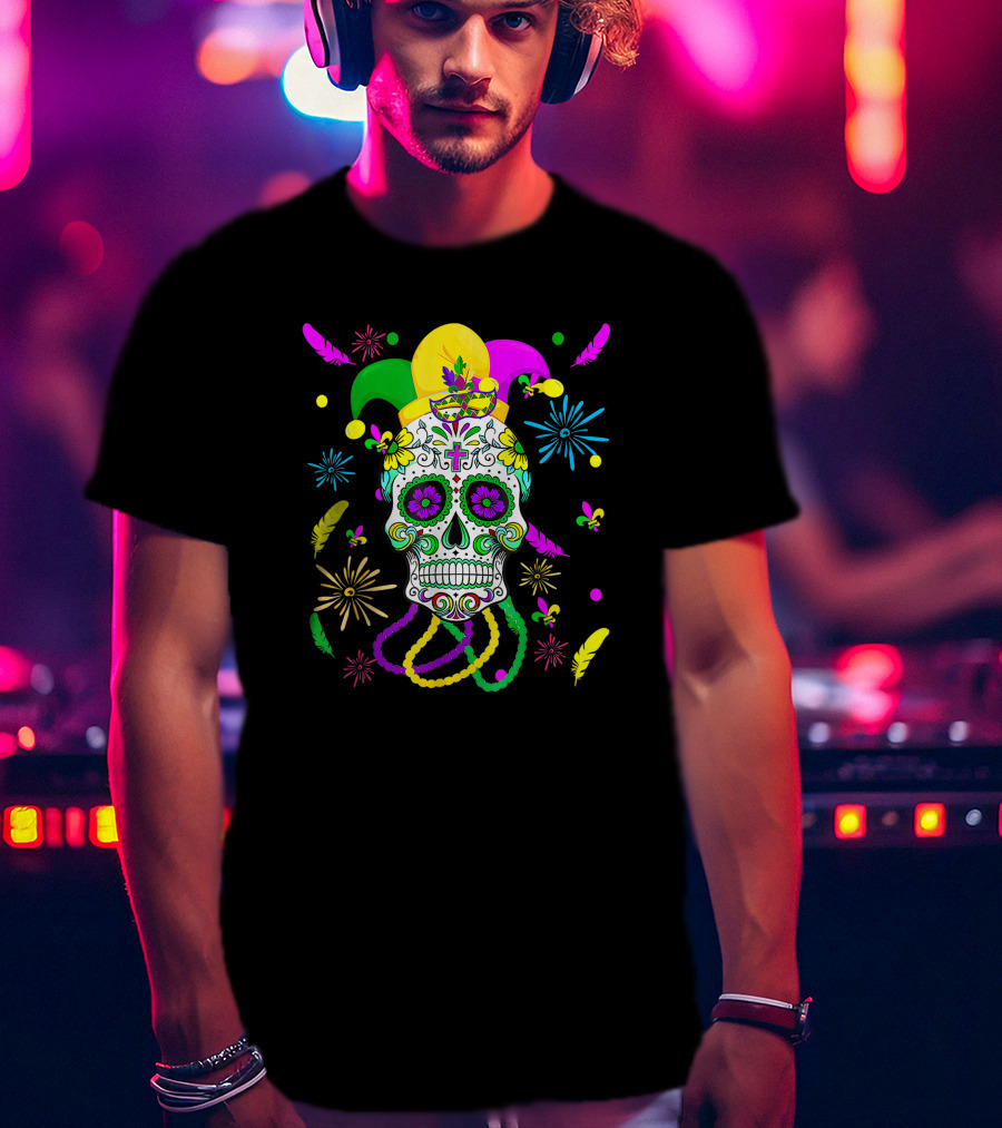 Sugar Skull Carnival Mask Jester Hat Mardi Gras Celebrations T-Shirt