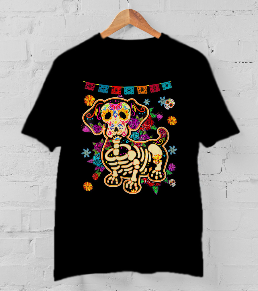 Sugar Skull Mexican Dachshund Bone Halloween Day Of The Dead Dog Skeleton Flowers T-Shirt