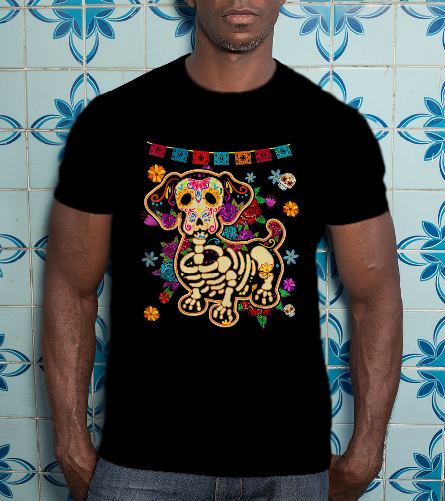 Sugar Skull Mexican Dachshund Bone Halloween Day Of The Dead Dog Skeleton Flowers T-Shirt