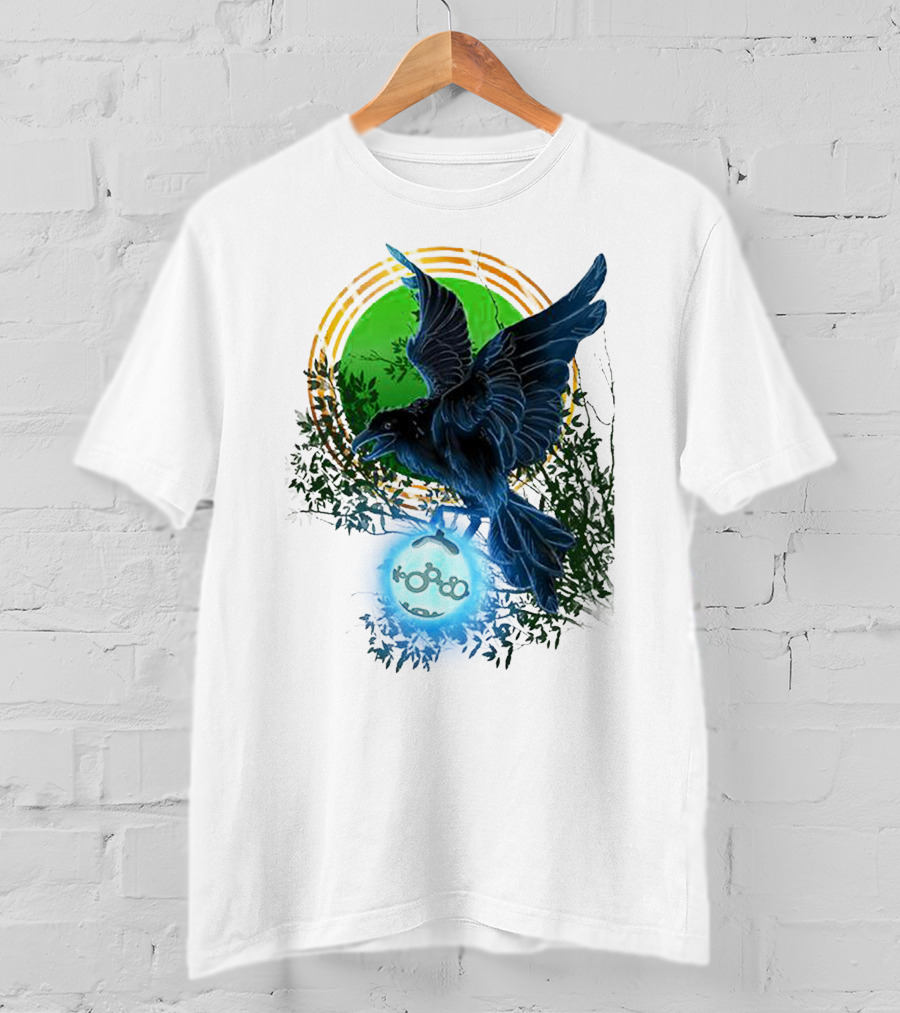 Pointcrow Raven Orb Enigma With Rings And Foliage T-Shirt