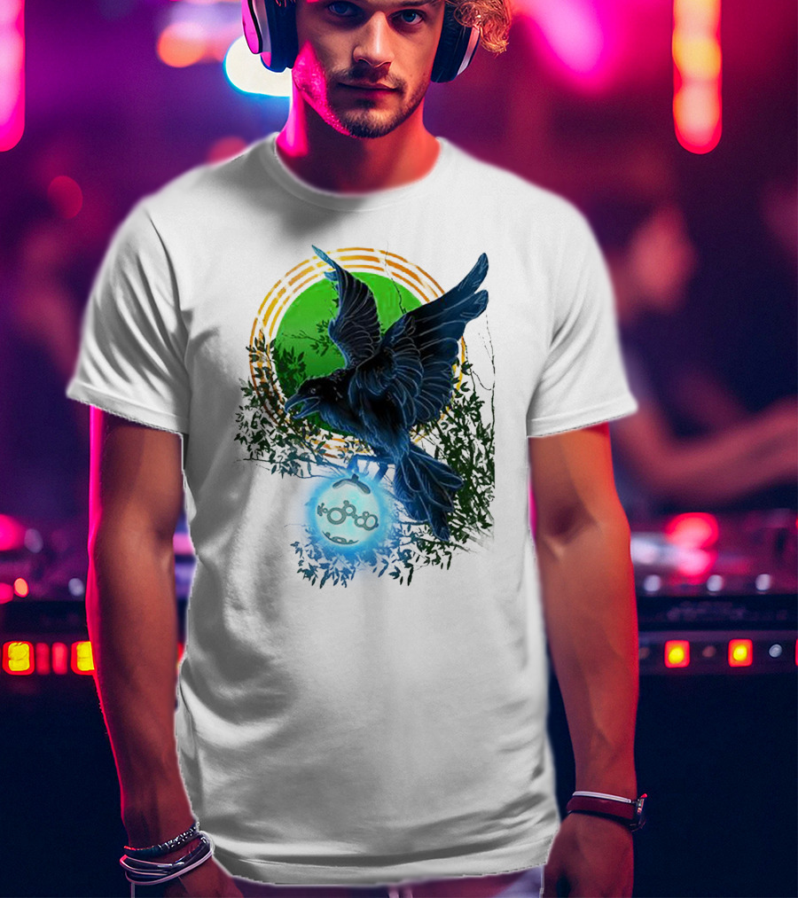 Pointcrow Raven Orb Enigma With Rings And Foliage T-Shirt