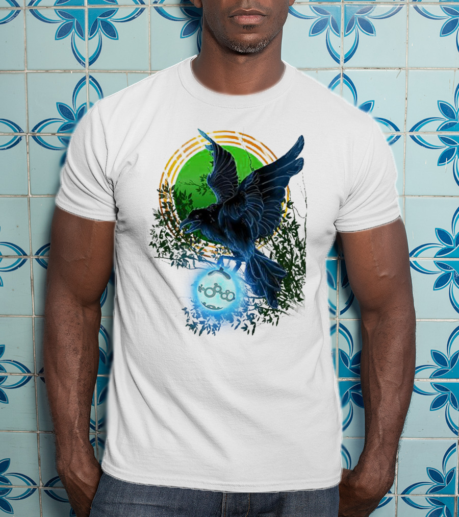 Pointcrow Raven Orb Enigma With Rings And Foliage T-Shirt