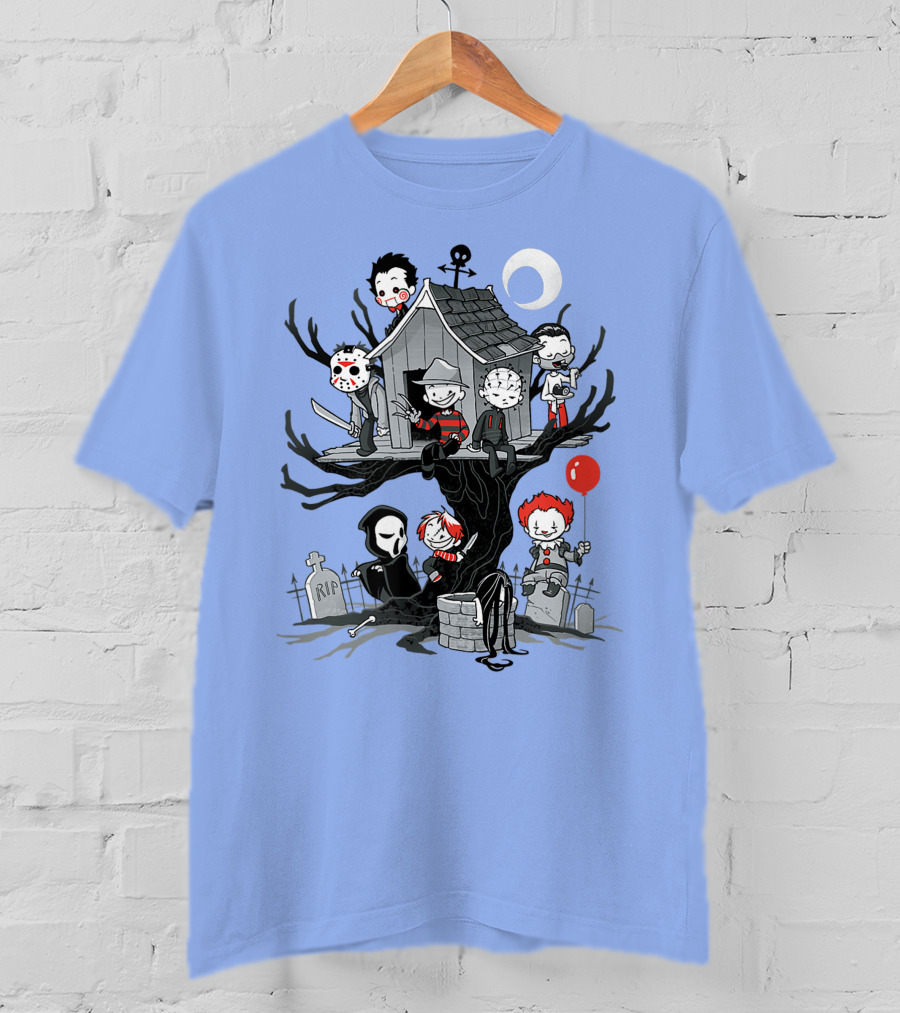 Horror Icons Treehouse Adventure With Scream Mask T-Shirt