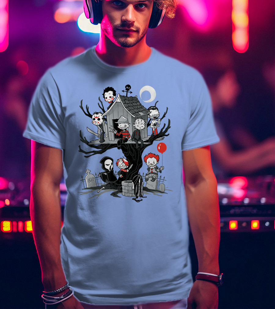 Horror Icons Treehouse Adventure With Scream Mask T-Shirt