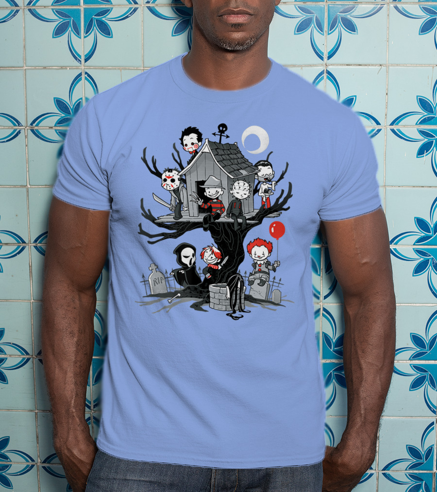 Horror Icons Treehouse Adventure With Scream Mask T-Shirt