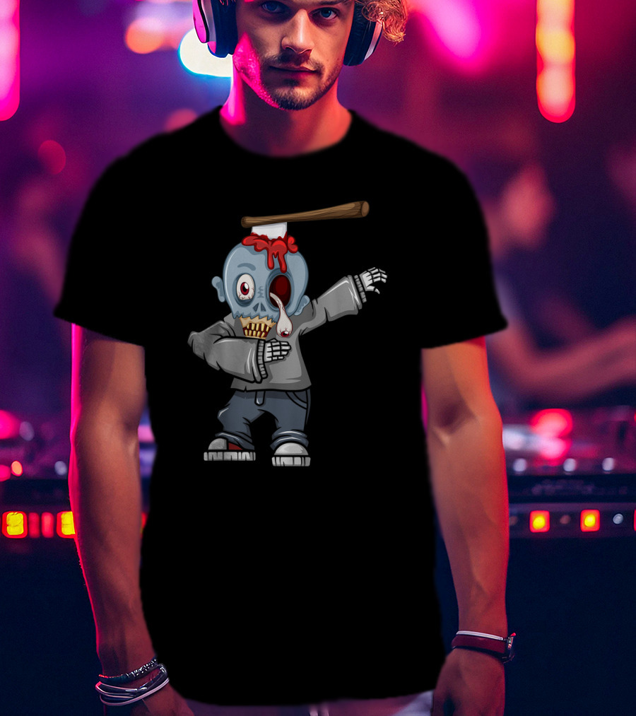 Dabbing Zombie Halloween Axe Head Creepy Cartoon T-Shirt