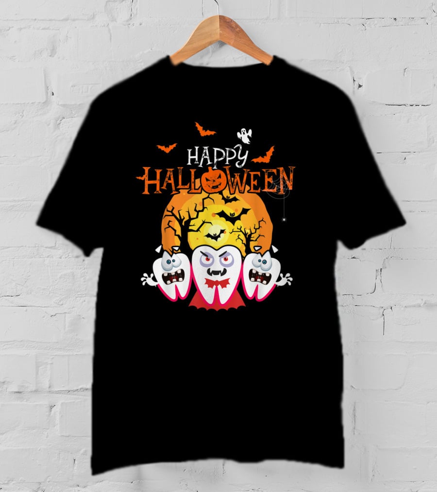 Happy Halloween Scary Dental Teeth With Cracked Moon And Bats T-Shirt
