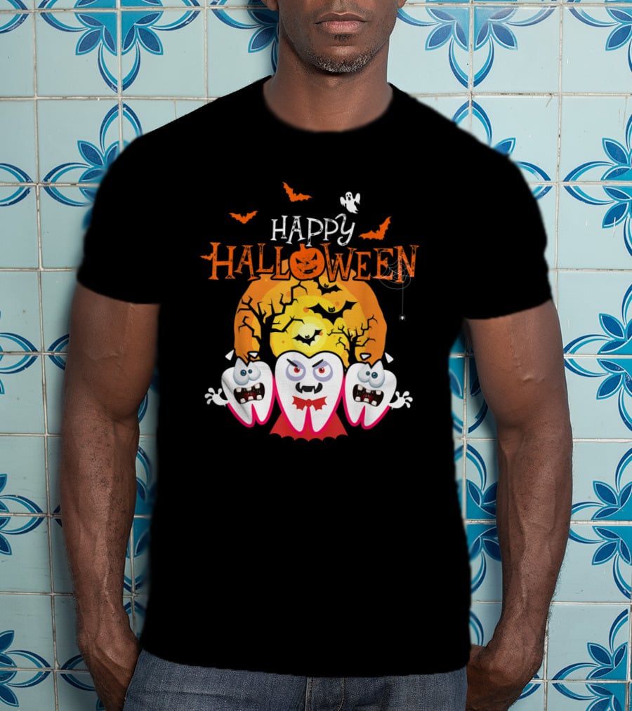 Happy Halloween Scary Dental Teeth With Cracked Moon And Bats T-Shirt
