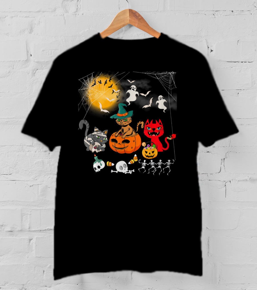 Halloween Funny Cat Lover With Witch Cat And Devil Cat T-Shirt