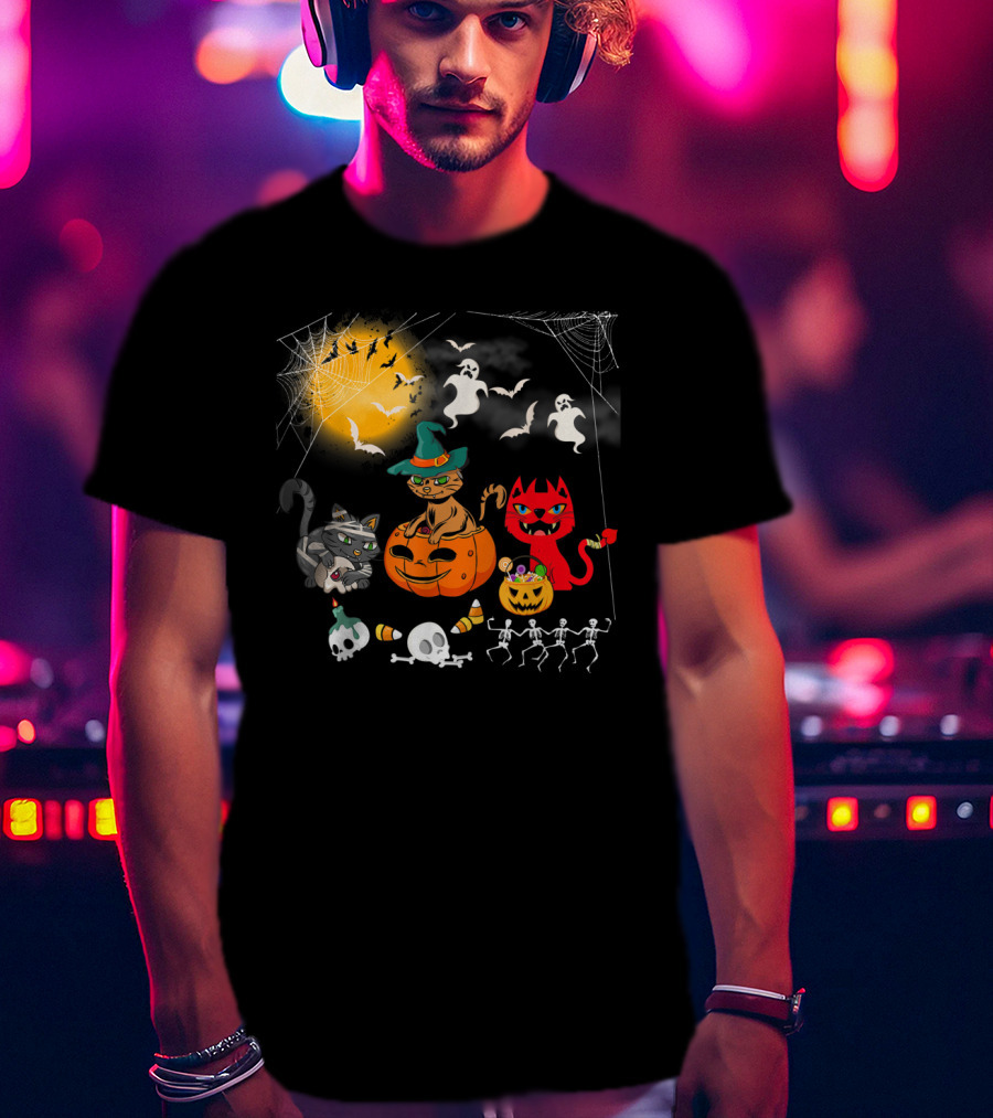 Halloween Funny Cat Lover With Witch Cat And Devil Cat T-Shirt