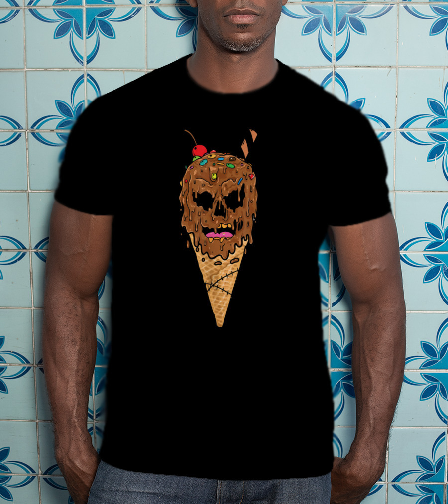 Melting Skeleton Ice Cream Skull With Cherry And Sprinkles Cone T-Shirt