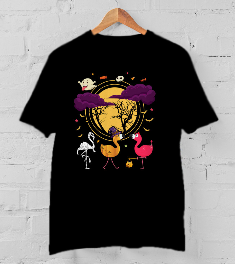 Flamingo Halloween Night With Spooky Duck Skeleton Ghosts Bats Candy Moon T-Shirt