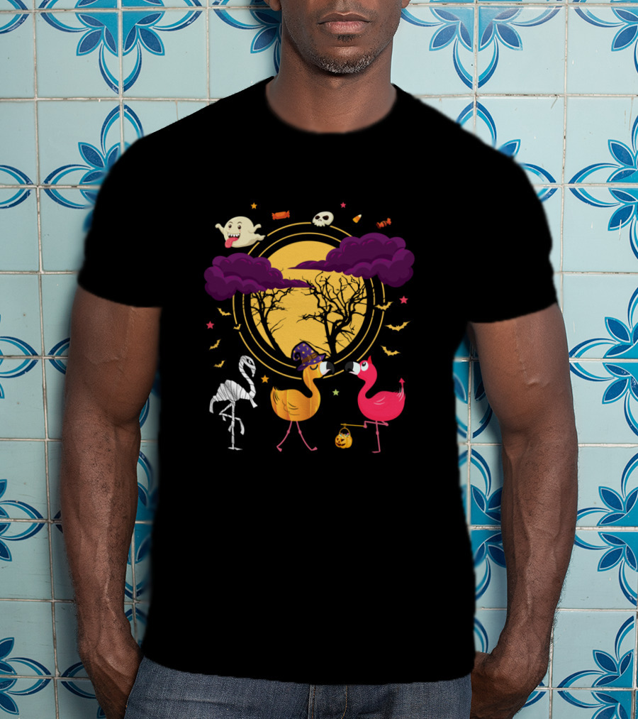 Flamingo Halloween Night With Spooky Duck Skeleton Ghosts Bats Candy Moon T-Shirt