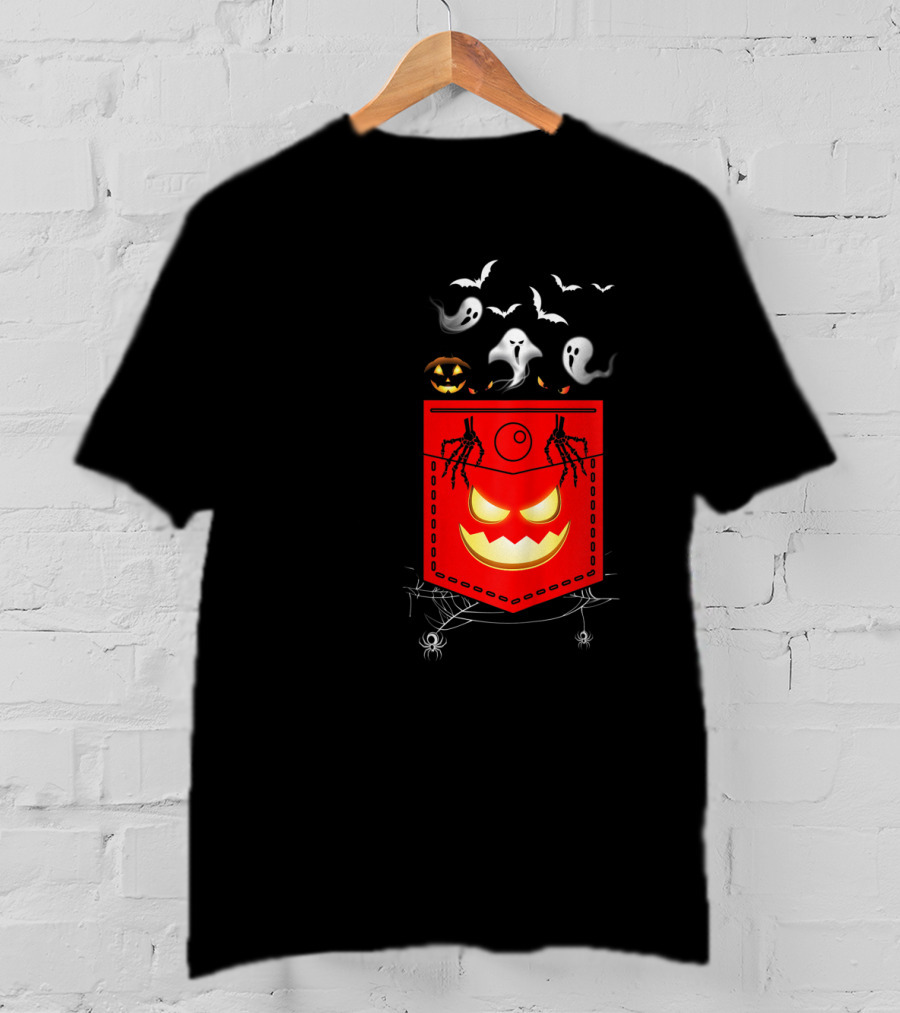 Halloween Costume Ghosts Peeking Pocket Pumpkin Bats Skeleton Spiders T-Shirt