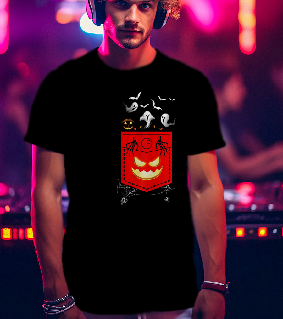 Halloween Costume Ghosts Peeking Pocket Pumpkin Bats Skeleton Spiders T-Shirt