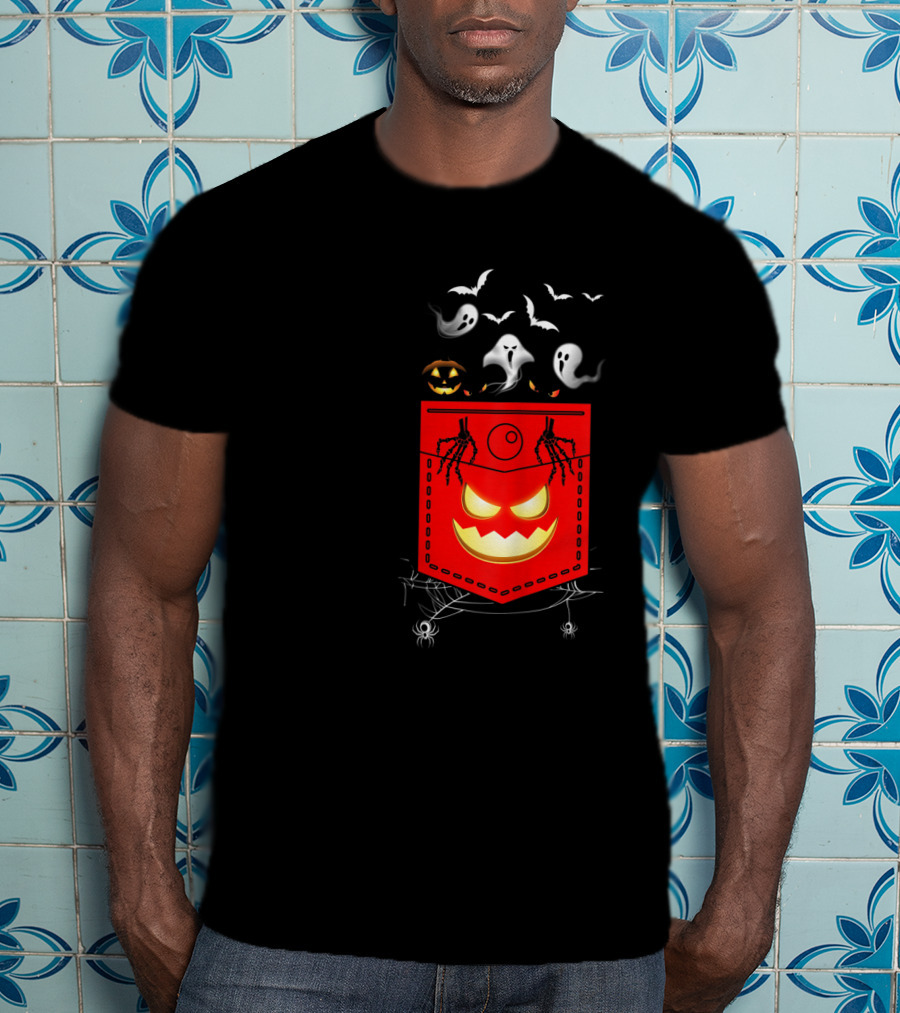 Halloween Costume Ghosts Peeking Pocket Pumpkin Bats Skeleton Spiders T-Shirt