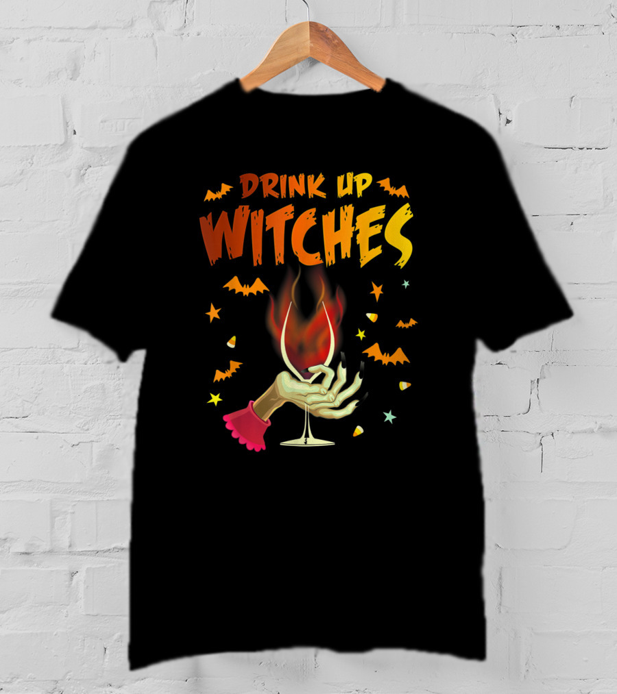 Drink Up Witches Halloween Witch Hand Wine Glass Bat Candy Corn T-Shirt