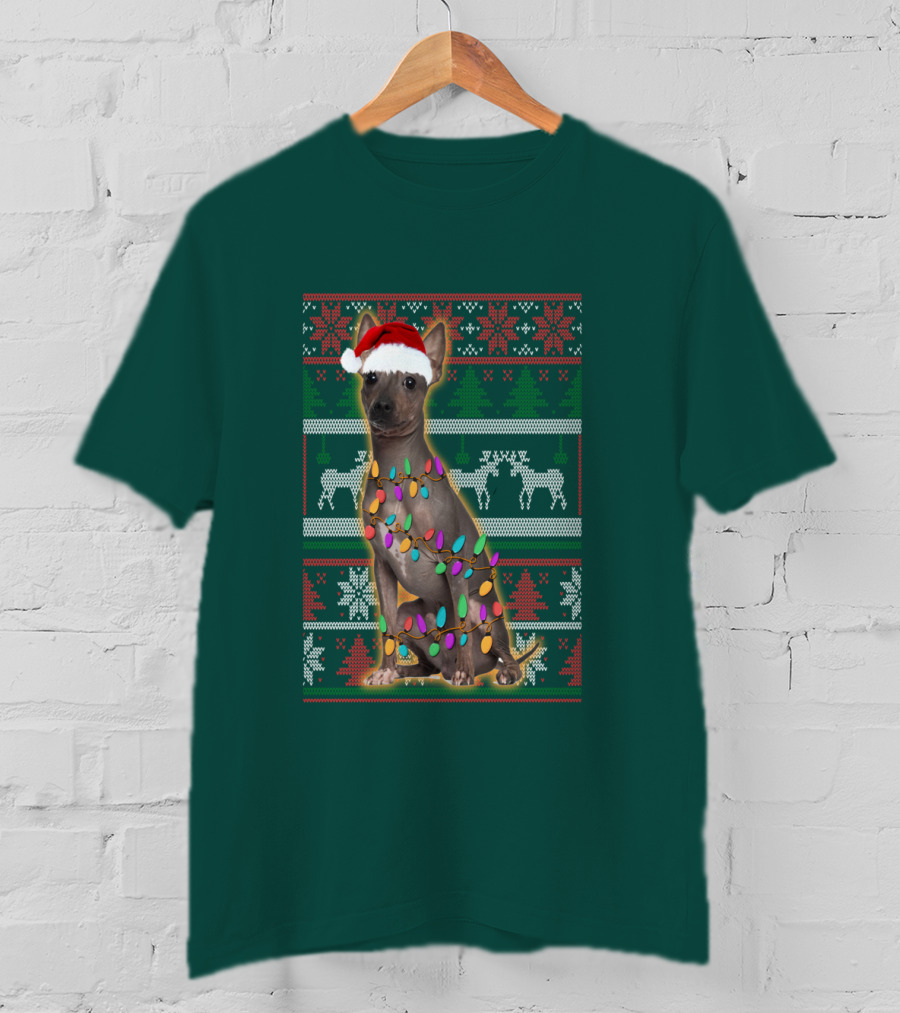 American Hairless Terrier Christmas Lights Santa Hat T-Shirt