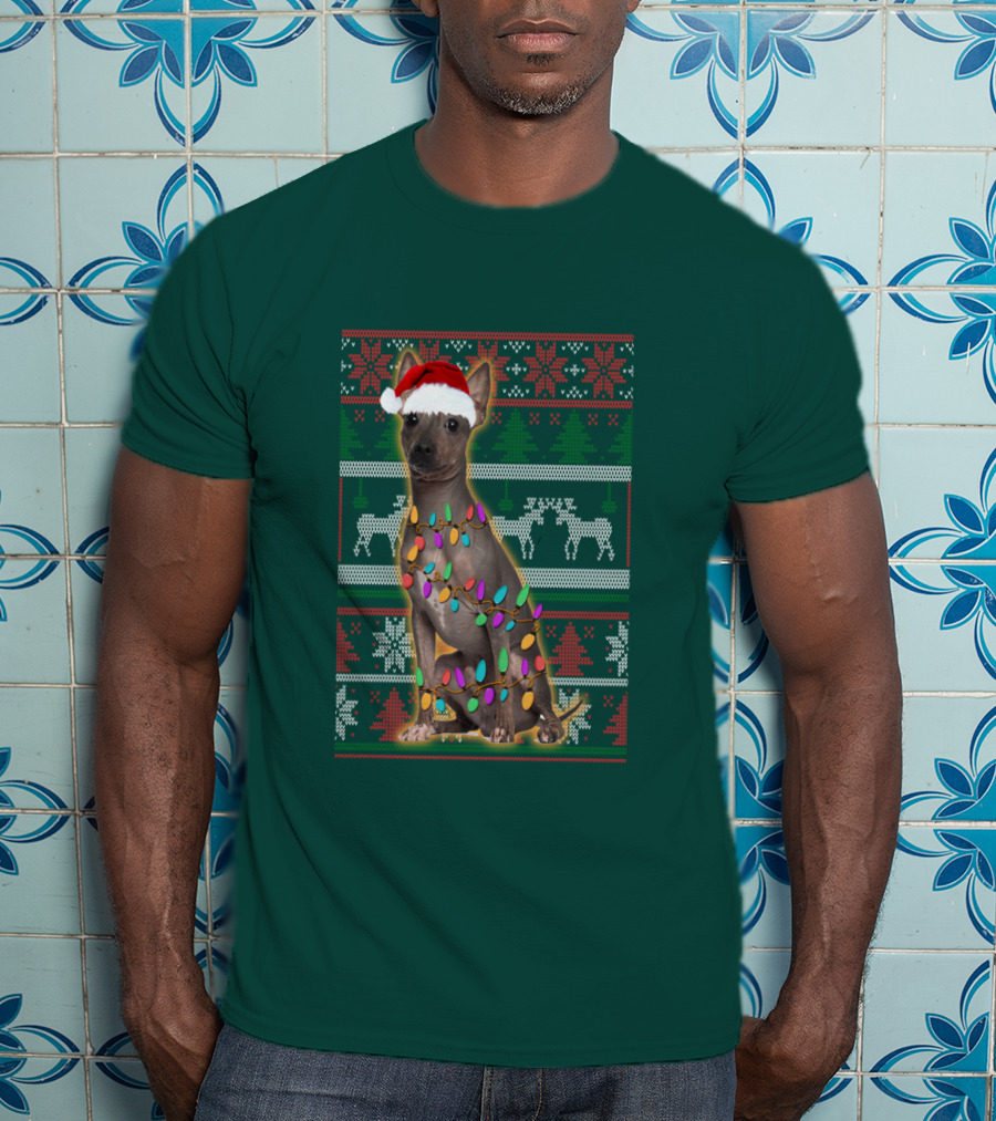 American Hairless Terrier Christmas Lights Santa Hat T-Shirt