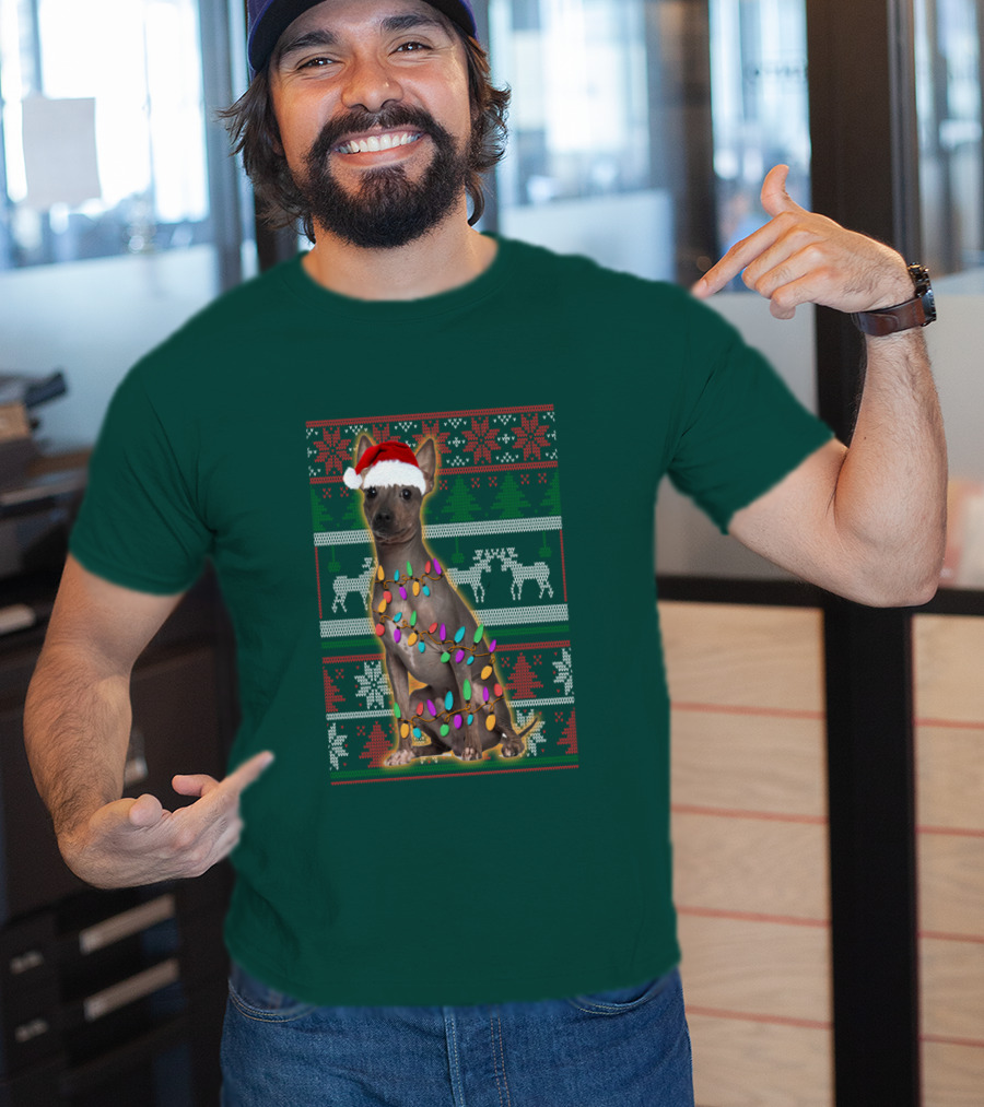 American Hairless Terrier Christmas Lights Santa Hat T-Shirt