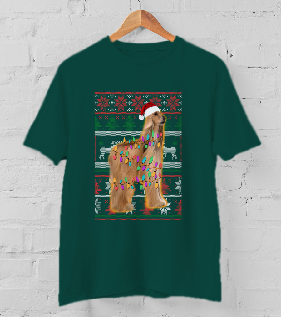 Afghan Hound Christmas Lights Santa Hat Ugly T-Shirt