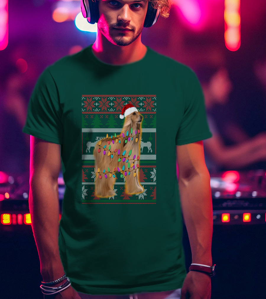 Afghan Hound Christmas Lights Santa Hat Ugly T-Shirt