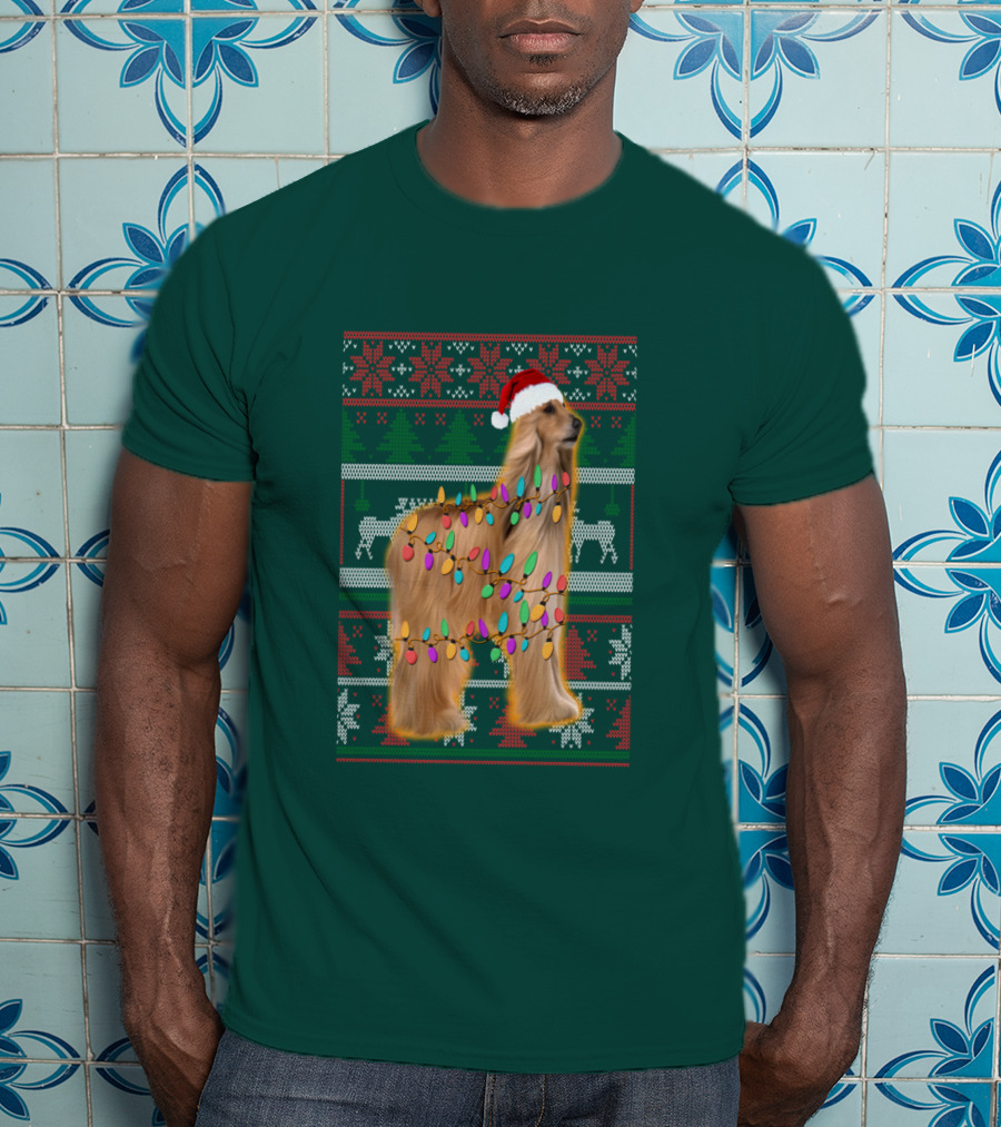 Afghan Hound Christmas Lights Santa Hat Ugly T-Shirt