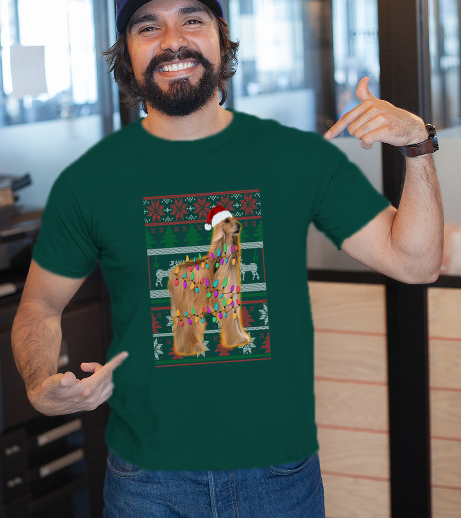 Afghan Hound Christmas Lights Santa Hat Ugly T-Shirt