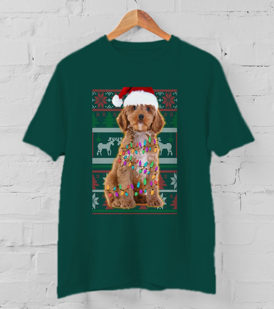 Cockapoo Santa Hat Christmas Lights Reindeer Ugly T-Shirt