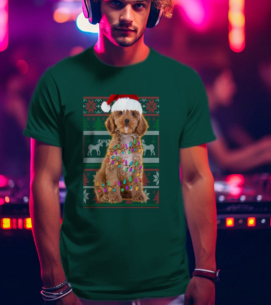 Cockapoo Santa Hat Christmas Lights Reindeer Ugly T-Shirt