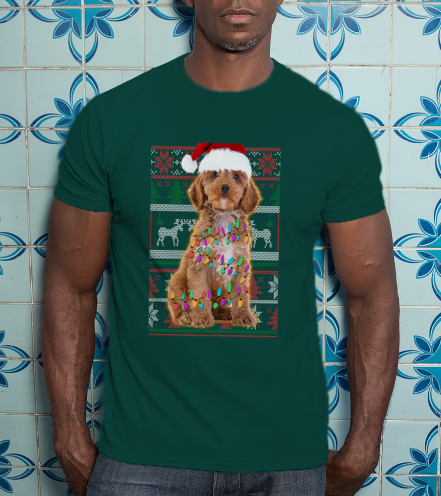 Cockapoo Santa Hat Christmas Lights Reindeer Ugly T-Shirt