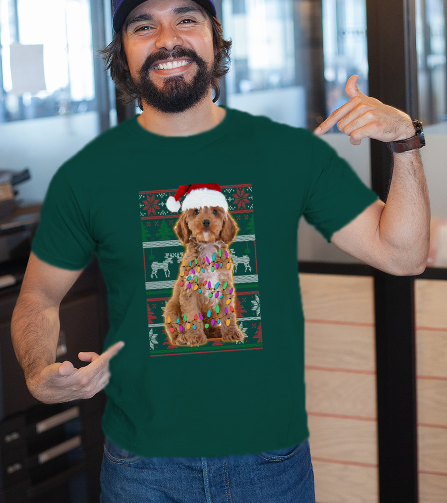 Cockapoo Santa Hat Christmas Lights Reindeer Ugly T-Shirt