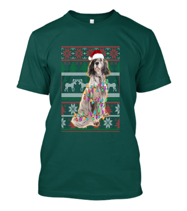 English Setter Christmas Lights Ugly Sweater Santa Hat T-Shirt