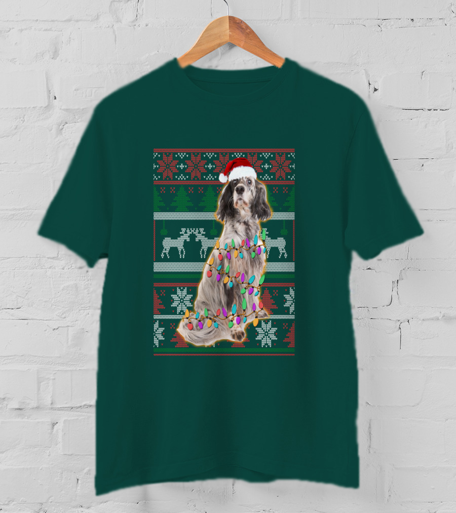 English Setter Christmas Lights Ugly Sweater Santa Hat T-Shirt