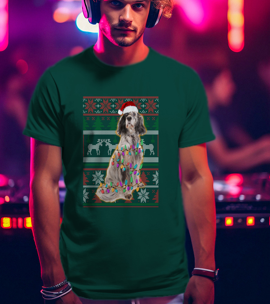English Setter Christmas Lights Ugly Sweater Santa Hat T-Shirt