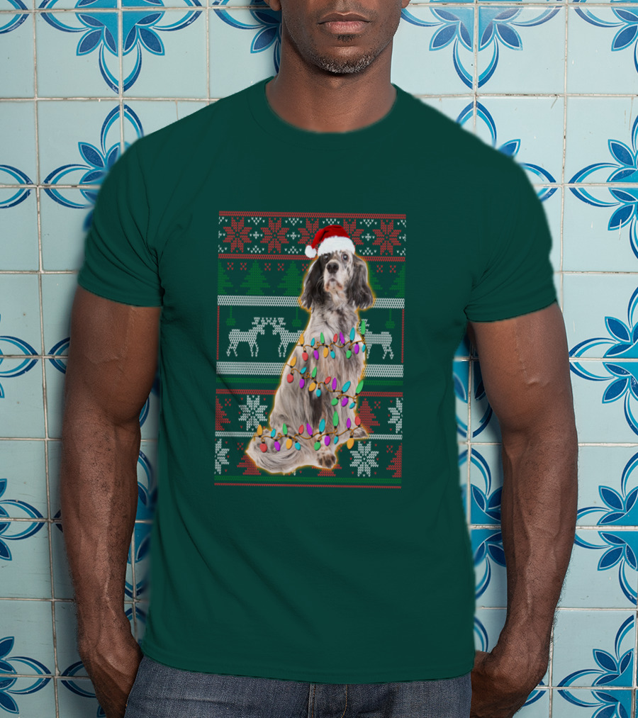 English Setter Christmas Lights Ugly Sweater Santa Hat T-Shirt