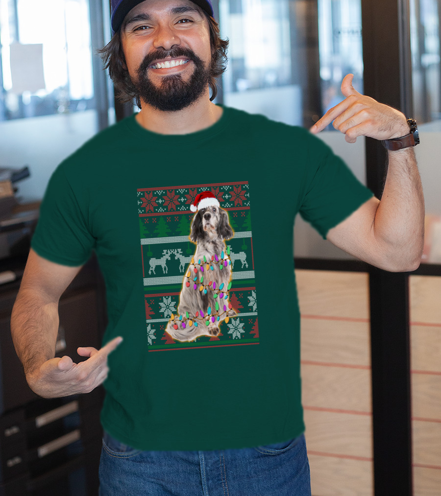 English Setter Christmas Lights Ugly Sweater Santa Hat T-Shirt