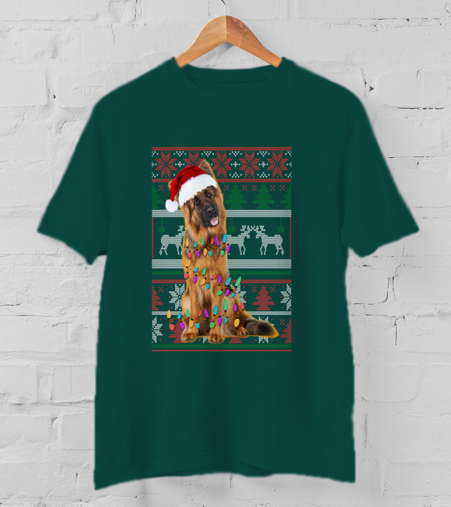German Shepherd Santa Hat Christmas Lights Ugly Sweater Reindeer T-Shirt