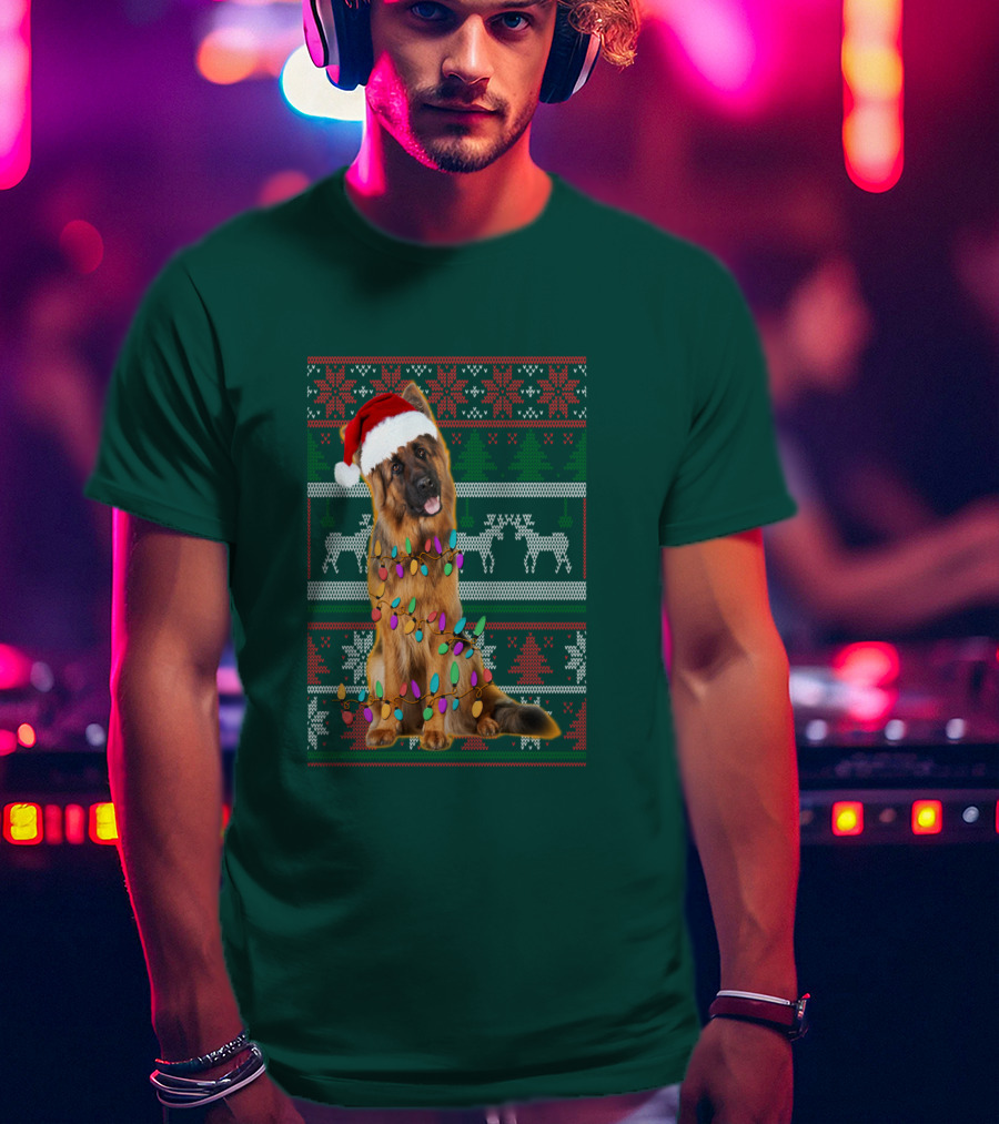 German Shepherd Santa Hat Christmas Lights Ugly Sweater Reindeer T-Shirt