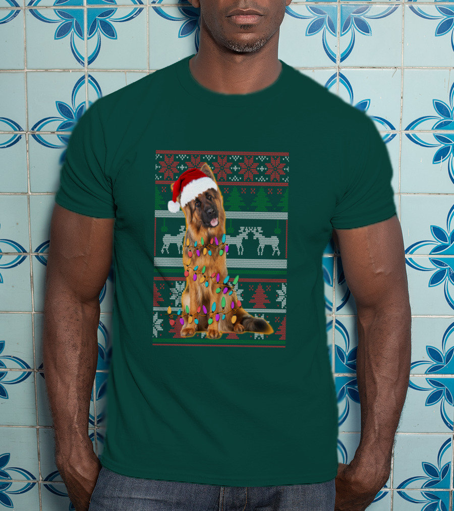 German Shepherd Santa Hat Christmas Lights Ugly Sweater Reindeer T-Shirt