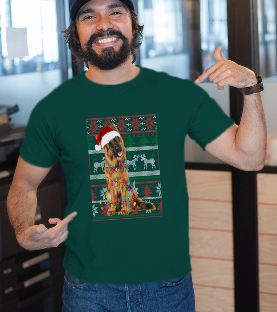 German Shepherd Santa Hat Christmas Lights Ugly Sweater Reindeer T-Shirt