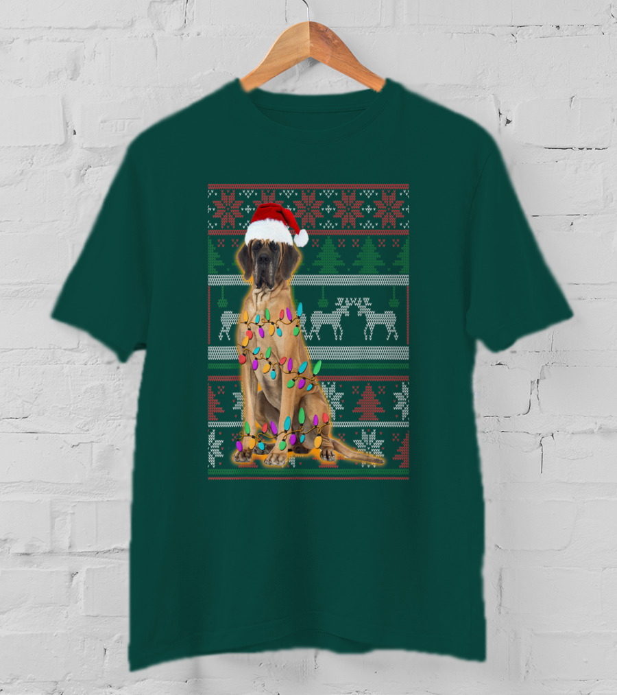 Great Dane Christmas Santa Hat Lights Reindeer Holiday T-Shirt