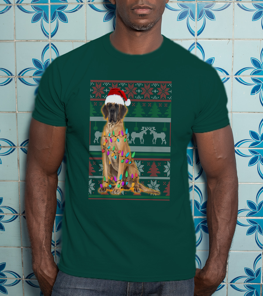 Great Dane Christmas Santa Hat Lights Reindeer Holiday T-Shirt