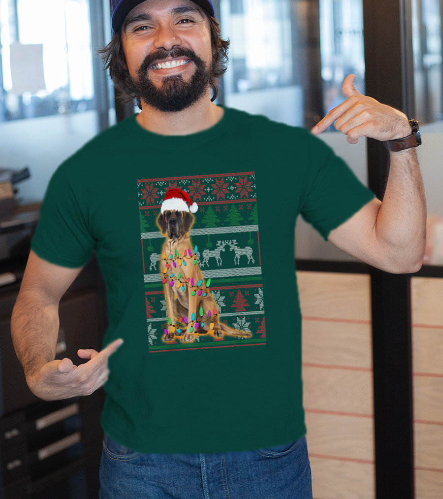 Great Dane Christmas Santa Hat Lights Reindeer Holiday T-Shirt