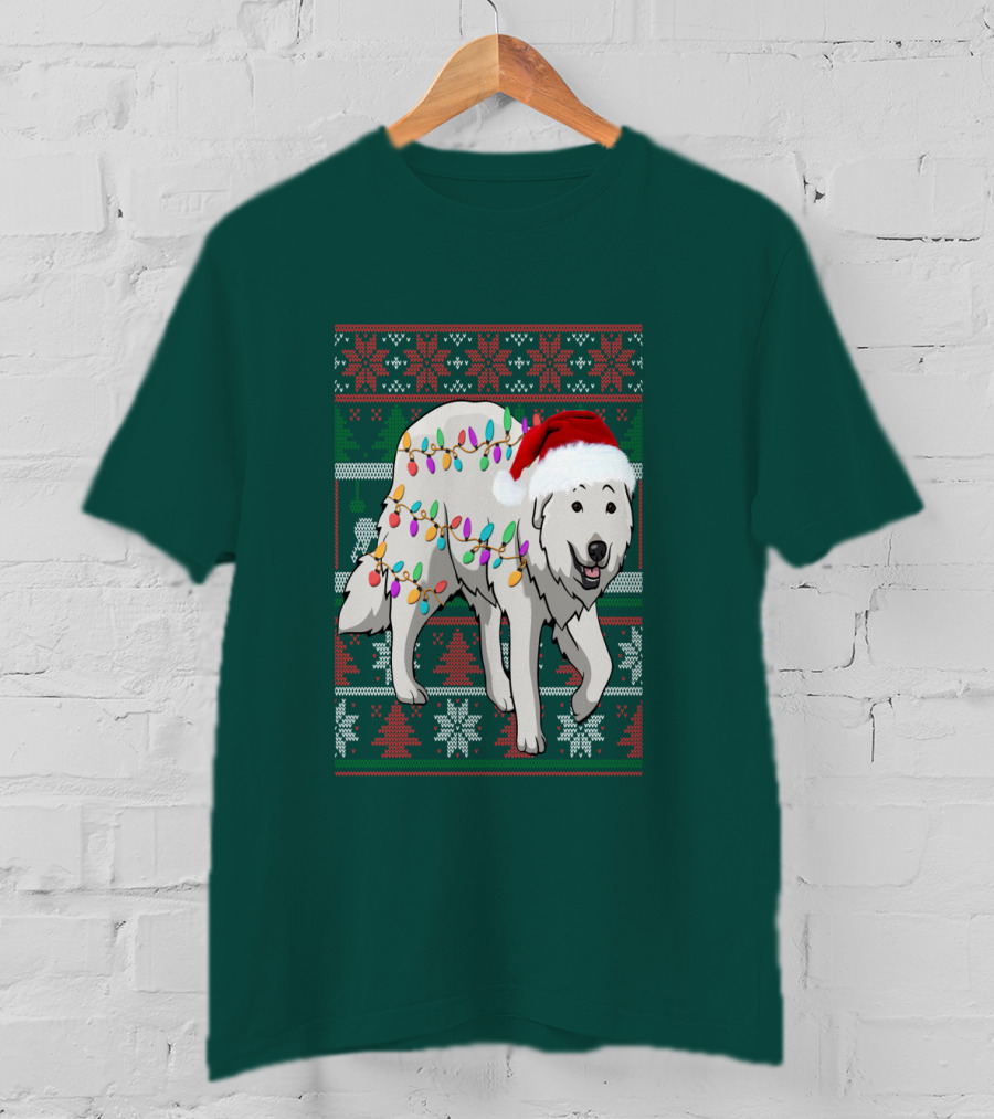 Great Pyrenees Christmas Lights And Santa Hat Holiday T-Shirt
