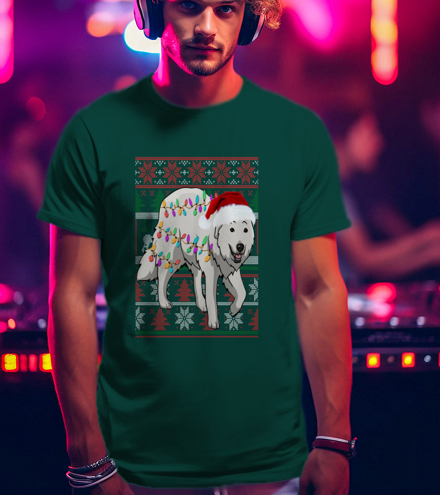 Great Pyrenees Christmas Lights And Santa Hat Holiday T-Shirt