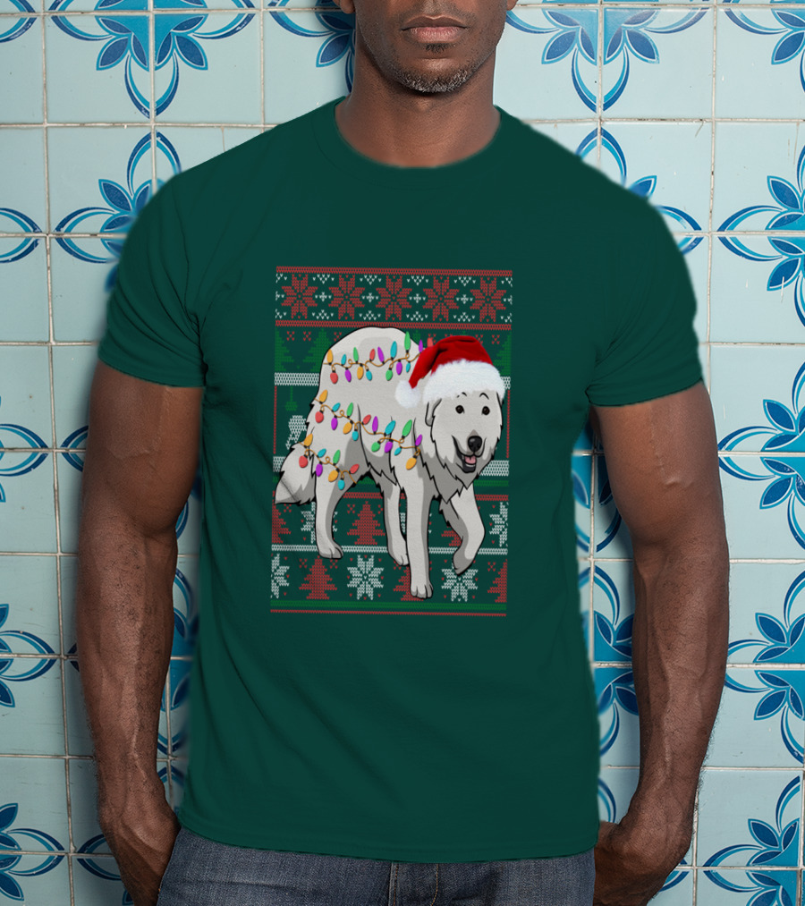 Great Pyrenees Christmas Lights And Santa Hat Holiday T-Shirt