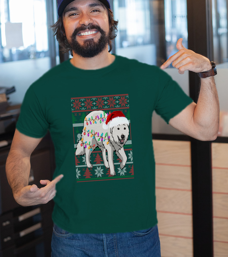Great Pyrenees Christmas Lights And Santa Hat Holiday T-Shirt