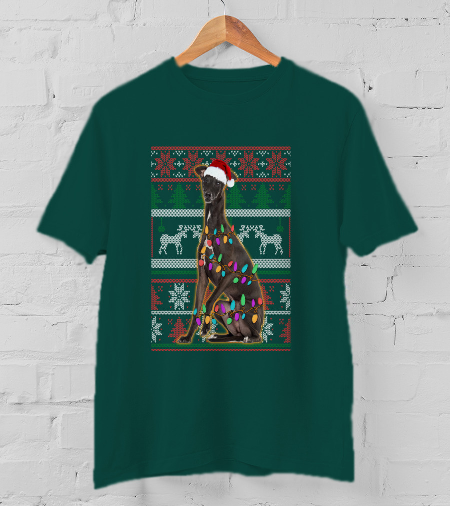 Greyhound Christmas Santa Hat And Lights Ugly T-Shirt