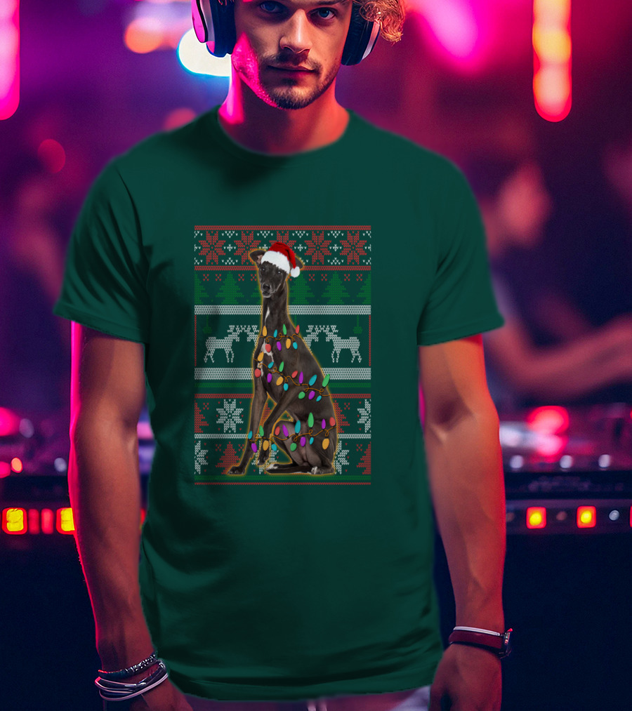Greyhound Christmas Santa Hat And Lights Ugly T-Shirt